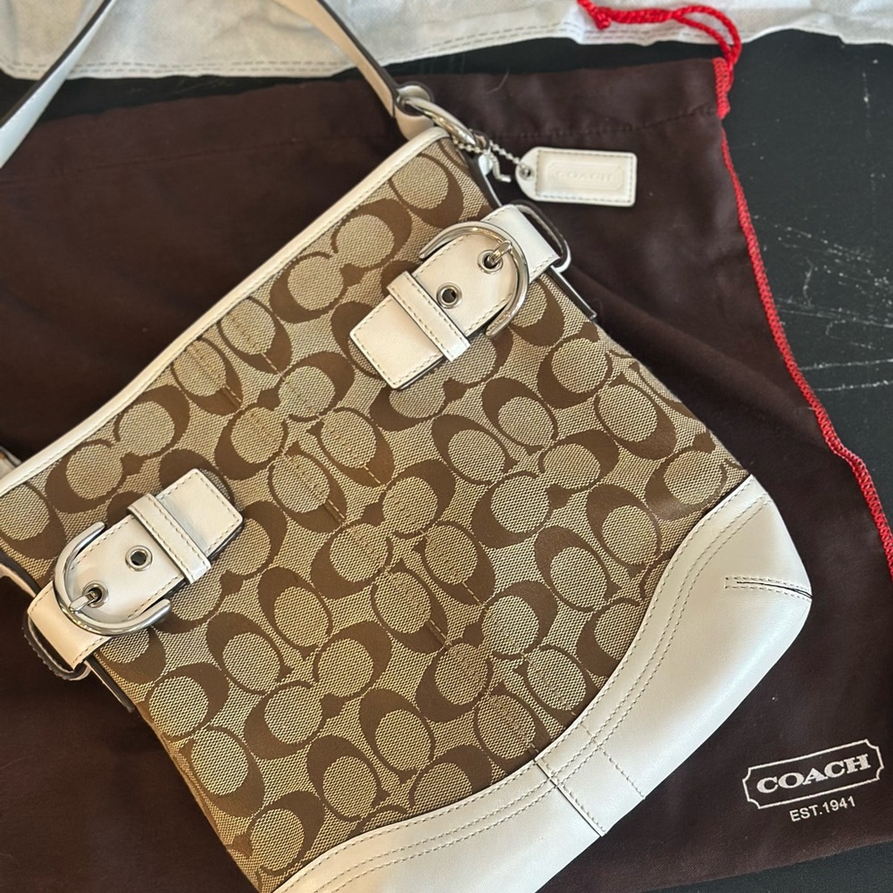 Coach Brown and White Shoulder Bag with Signature Pattern